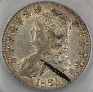 1825 Bust Silver Half Dollar ANACS AU-55 Details Obverse Planchet Streak - Picture 1 of 1