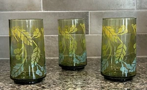 Vintage Green Glass Tumblers Green/Yellow/Teal Palm Leaves 4.75”H (set of 3) - Picture 1 of 9