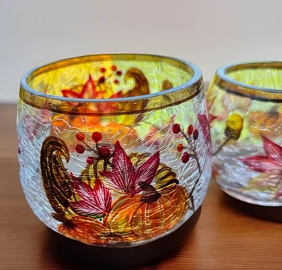 4 Pc Set Yankee Candle Crackle Glass Fall Pumpkins Leaves Votive Holders NOS - Image 1 of 4