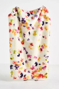 Anthropologie Sophie Faux-Fur Throw Blanket White Abstract Flowers-MSRP $128 - Picture 1 of 2