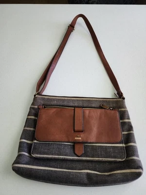Bolso Bandolera Fossil Kinley Cuero Marrón Denim Rayas Lona Bolso de Hombro Cartera Foto 1 de 4