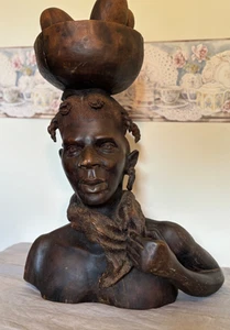 Vintage Hand Carved Wooden Haitian Bust 21 inches tall Hard Wood Polished - Picture 1 of 17