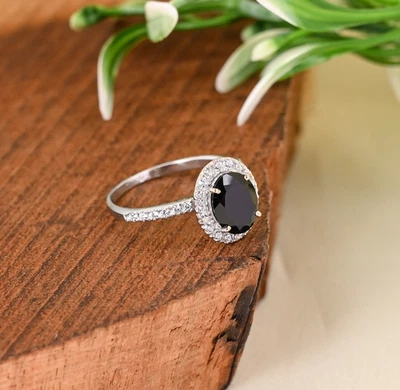 10x8 MM Schwarz Spinell Halo Verlobung Ring 925 Sterling Silber Rot Edelstein - Bild 1 von 4