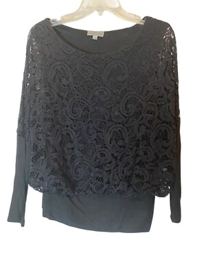 Joseph A. Blusa Top Elegante Negro Encaje Superpuesto Manga Larga Bandas Parte Inferior Mediana Foto 1 de 4