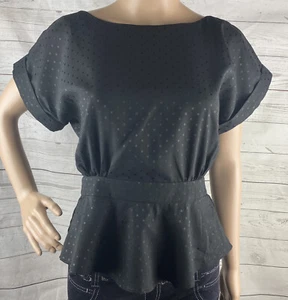 Blusa Lucca Couture Peplum Pequeña Negra Sólida Damasco Punto Cuadrado Volantes Espalda Abierta - Imagen 1 de 10