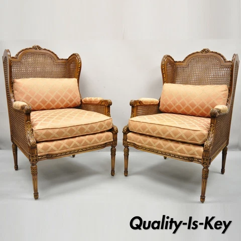 Vintage French Louis XVl Style Cane Bergere Lounge Chairs - a Pair Cover