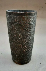 Antique Old Copper Floral Inlay Engraved Lassi / Milk Glass Decorative NH6497 - Picture 1 of 10