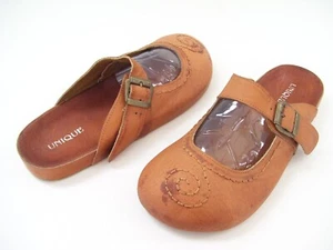Unique Womens Slip on Sandals Clogs Shoes Tan Light Brown Leather Open Back - Picture 1 of 15