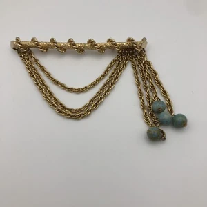 Vintage Gold tone Bar Brooch Large Pin Blue Gemstones Dangle Chain Gift - Picture 1 of 13