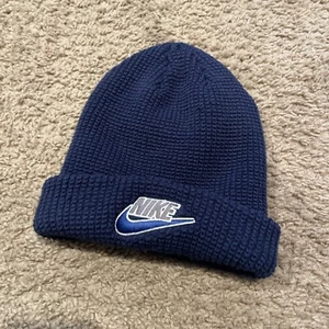 Vintage 90s Nike Beanie Hat Big Swoosh Spellout Navy Adult One Size White Tag - Picture 1 of 5