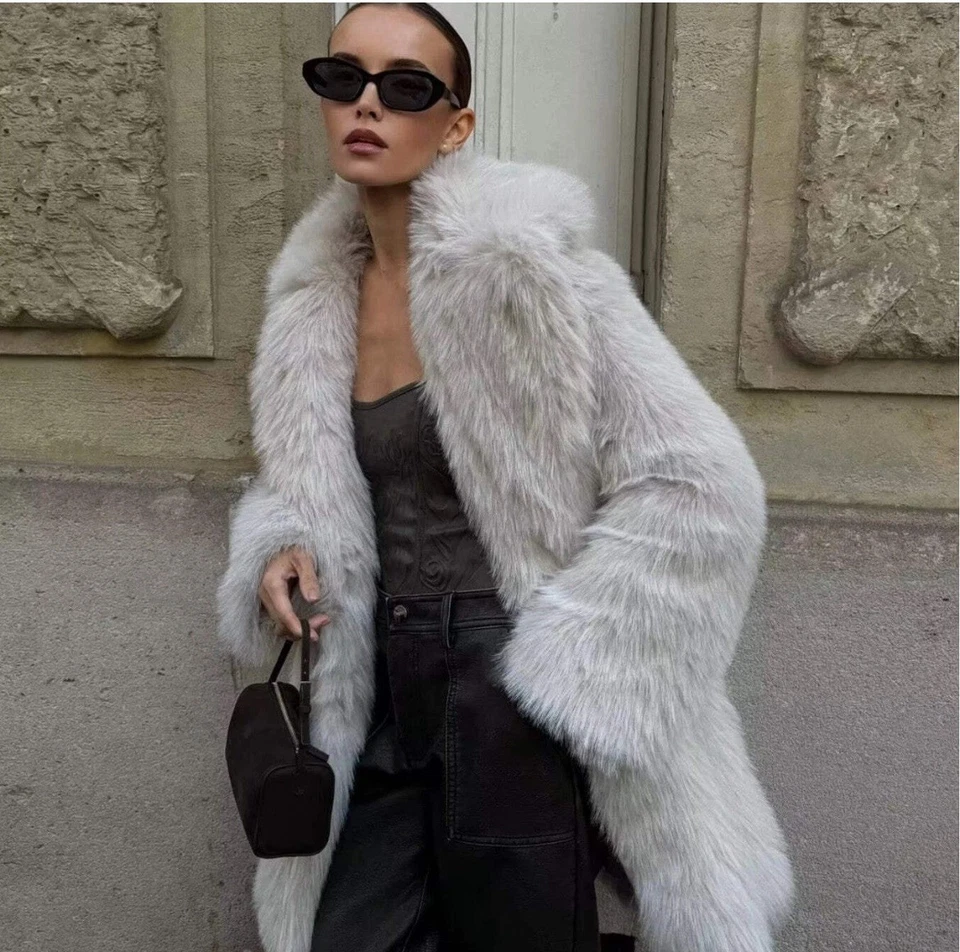 ZARA WOMAN FAUX FUR COAT Fluffy Mid-length Jacket ECRU White Size L 6318/242