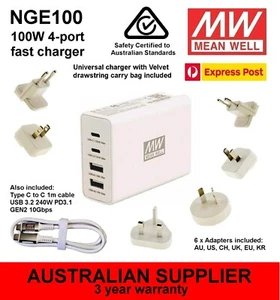 MEANWELL NGE100 4-Port 100W USB-2C2A GaN Fast/Rapid Charger, Universal AC to DC - Foto 1 di 12