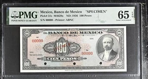 Mexico Banco de Mexico P#31s M4628s SPECIMEN ND; 1936 100 Pesos PMG GemUNC 65EPQ - Picture 1 of 2