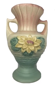 Vintage Hull Art L-5-61/2 Seerose matt creme grün rosa Doppelhenkel Vase  - Bild 1 von 12