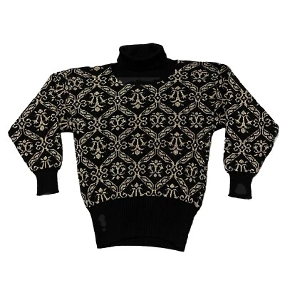 VINTAGE SAKS FIFTH AVENUE Sweater Womens M Knit Jacquard Turtleneck Gold Black - Image 1 of 4
