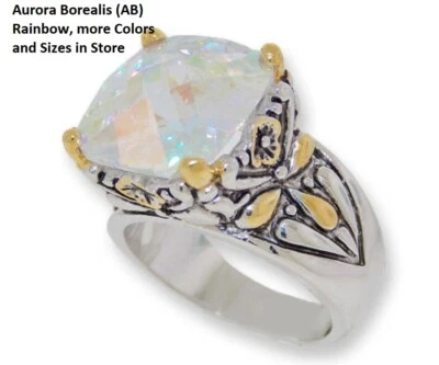 Zirconia Cubica Cavo Anello Argento & 18kt Oro Giallo Cuscino Swarovski Ab - Immagine 1 di 4