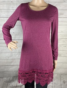 Elevated Indie Long Sleeve Lace Hem Tunic XS Short Dress Burgundy Raspberry - Picture 1 of 12
