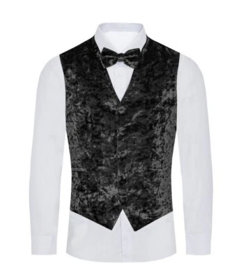 New Men's Formal Vest Tuxedo Waistcoat_Bowtie crushed velvet Black wedding party - Image 1 of 4