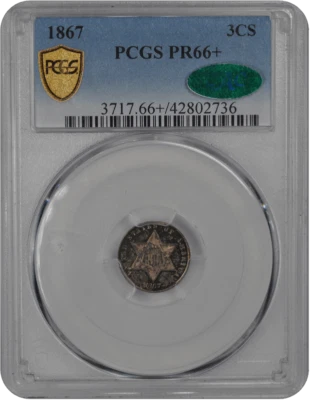 1867 3CS Three Cent Silver PCGS  (CAC) #3323-2 PR66+ - Image 1 of 4
