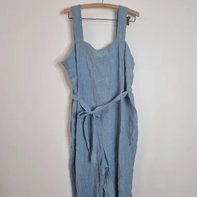 Poetry Jumpsuit Crinkle Blue Linen Cotton Blend Tie Pocket Straight Sz XL 18 - Image 1 of 4
