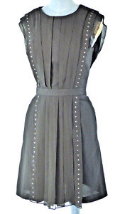 Warehouse Dress Black Fit & Flare Pleated Front Studded Flaring Elegant UK 6