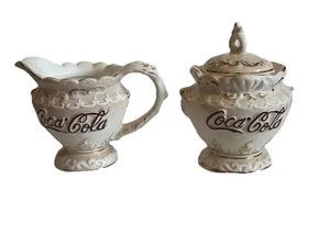 Vintage Coca Cola Sugar & Creamer Set 1998 Victorian Style Beige W/Gold Trim - Picture 1 of 3