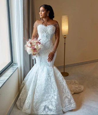 Luxury Mermaid Wedding Dresses Off Shoulder Long Sleeves Lace Pearl Bridal Gowns - Image 1 of 4