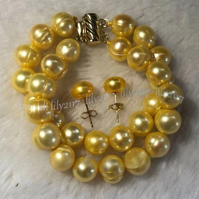 2 Rows South Sea Natural Gold Yellow Baroque Pearl Bracelet Earrings Set 9-10mm - Image 1 of 4