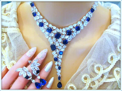 Conjunto de brinco colar folheado a platina safira branca pedra preciosa safira - Imagem 1 de 4