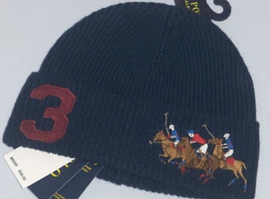 POLO RALPH LAUREN Men's Triple Match Pony Beanie Hat Ski Watch Cap NAVY BLUE nwt - Picture 1 of 16
