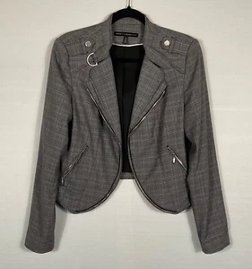 White House Black Market Blazer Women's Sz 12 Black & Gray Plaid Zippers Pockets - Picture 1 of 7