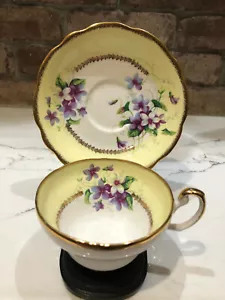 Vintage EB Foley 1850 Bone China Teacup & Saucer Yellow Gold Floral Violets - Picture 1 of 7