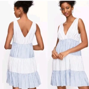 LOFT Striped Tiered Double V Swing Mini Dress Blue White Flowy Lined Size Small - Picture 1 of 10