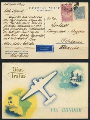 Tarjeta de correo aéreo de vuelo aéreo de Navidad especial Cóndor de Brasil a la ALEMANIA NAZI 1937 SP  Foto 1 de 3