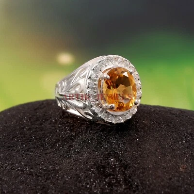 Anello In Argento Sterling 925 Con Gemma Citrina Naturale Per Uomo #3587 - Immagine 1 di 3