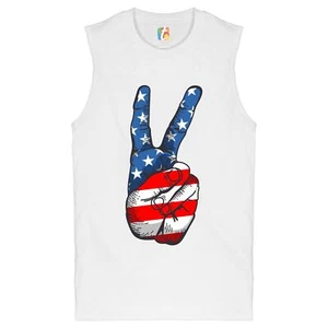 Patriotic Victory Sign Muscle Shirt American Flag USA Independence Day Men's - Picture 1 of 21