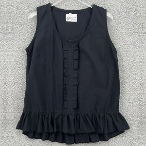 Unique Batik Shirt Womens Large Black Cotton Casual Sleeveless Ruffle Top Ladies - Picture 1 of 9