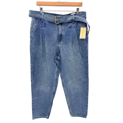 Pantalones de mezclilla Michael Kors plisados con cinturón vintage lavados tiro alto cónicos talla 12 nuevos con etiquetas Foto 1 de 4