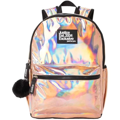 Justice Girls 17" Backpack, Pink Rose Gold Iridescent with Tech Pocket - Image 1 of 3