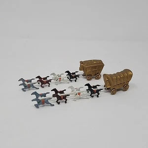 Set of 2 Vintage Stage Coach Carriage Covered Wagon w/ 8 Horses Metal Miniature - Picture 1 of 8