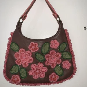 Isabella Fiore Burgundy Leather Shoulder Bag With Pink Flower Appliqué - Picture 1 of 16