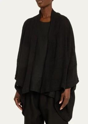 Eskandar Wide Scrunch Shawl Collar Jacket Womens 1 Black Linen Blend Long Plus - Image 1 of 4