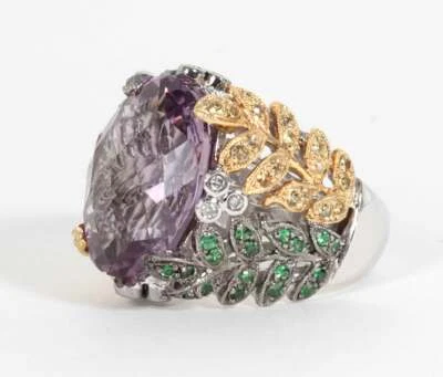 Anillo de moda de vid floral amatista corte francés de 11,29 quilates en tres tonos de plata 925 Foto 1 de 4