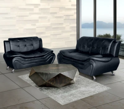 NEW SLEEK Sofa Loveseat Set Black 2PC Leather Gel Modern Living Room Furniture - Image 1 of 4