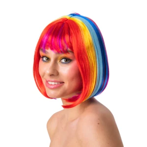 Neon Rainbow Pride Wig Adults Fancy Dress Fringed Bob Wig Mens Ladies - Picture 1 of 1