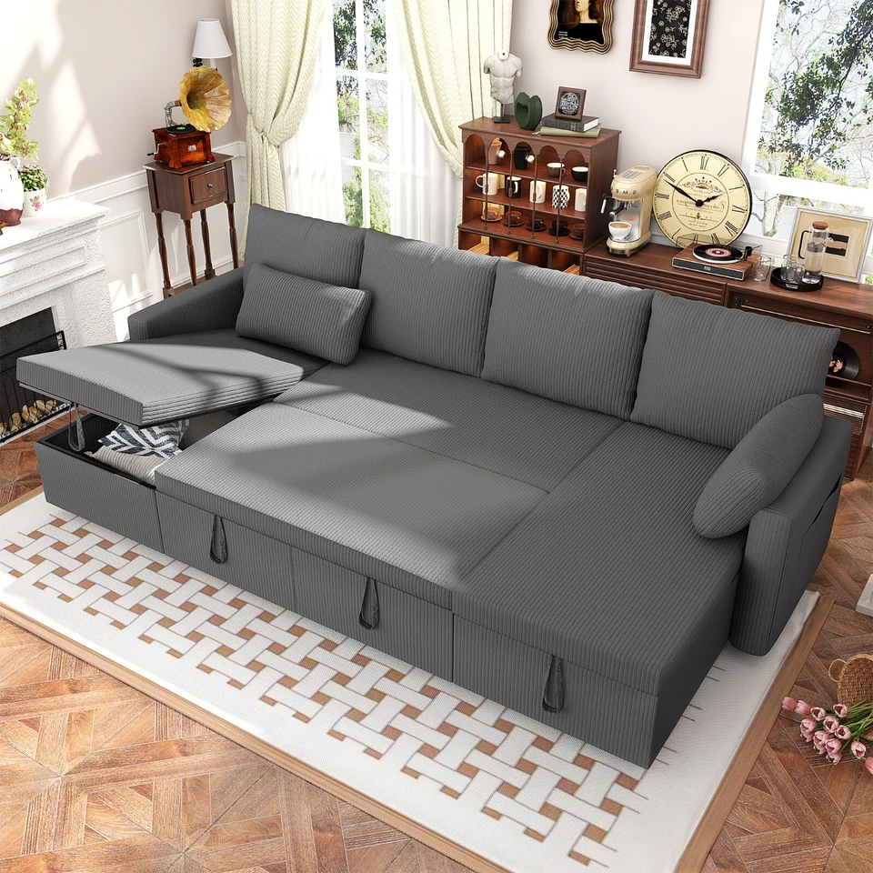 Sofá cama de pana, sofá cama extraíble con chaise de almacenamiento Foto 1 de 4