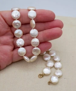 14k Gold ~ 10mm COIN PEARL STRAND NECKLACE ~ 18" Long Needs TLC Clasp - Picture 1 of 5