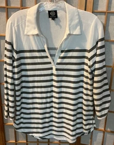 BOBEAU Shirt Top Grey White Stripes 3/4  Sleeve Soft Fabric - Picture 1 of 3