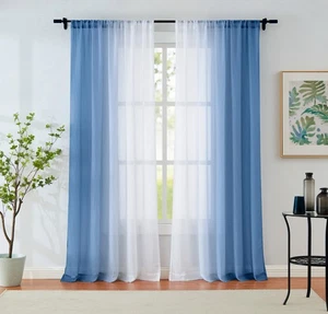 Ombre Chiffon Sheer Curtains Blue Crushed Crinkle Semi Voile Curtain Panels f... - Picture 1 of 8