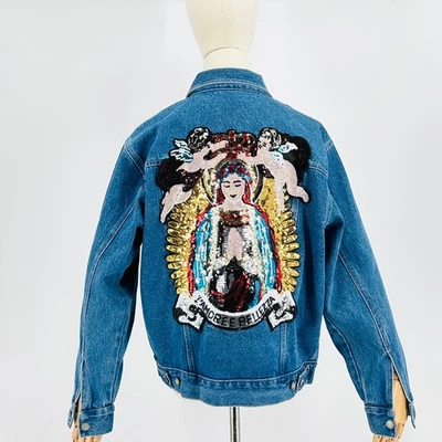 Chaqueta Parche Virgen María Vintage Años 90 Bill Blass Azul Denim Lentejuelas Foto 1 de 4
